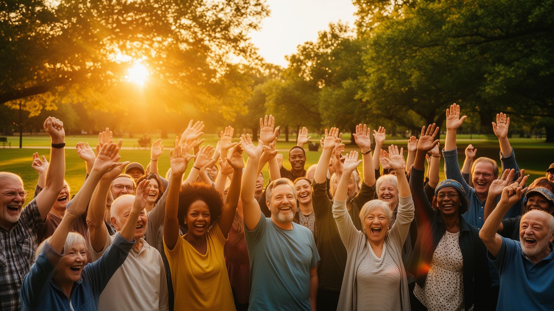 Diverse community celebrating together at sunset
