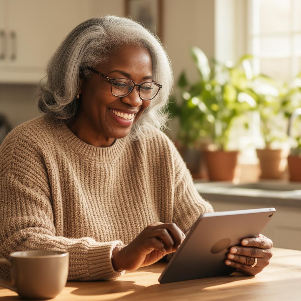 Older woman smiling while using a tablet at her kitchen table