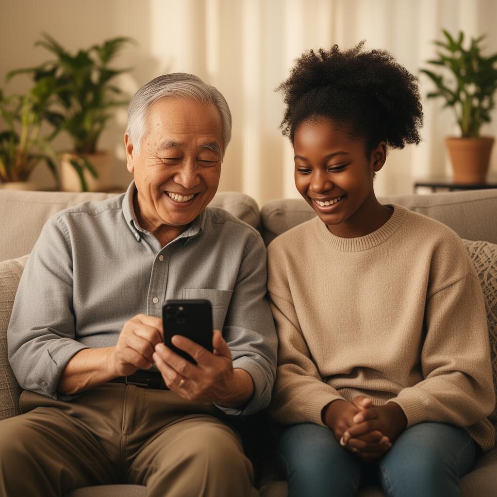 Grandfather and granddaughter laughing at a smartphone together