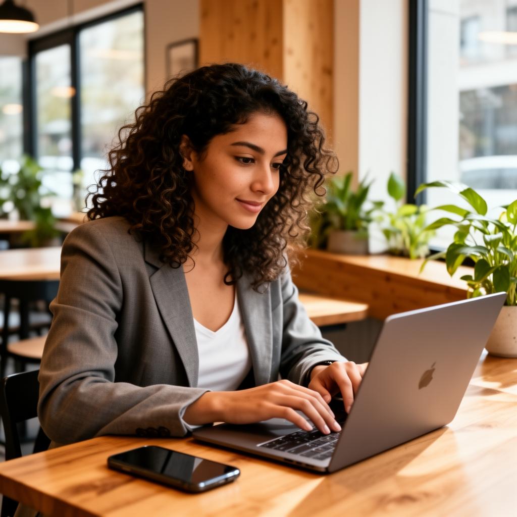 Young woman working confidently on a laptop in a cafe